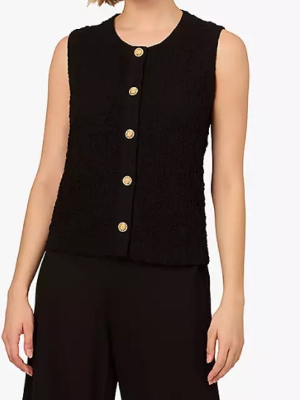 Adrianna Papell Black Sleeveless Bouclé Vest with Gold Buttons Size M